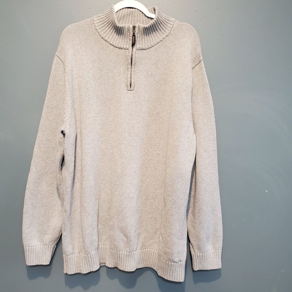 L L Bean Men's Gray Sweater XXL T Quarter Zip Long Sleeve Cotton Classic Heavy